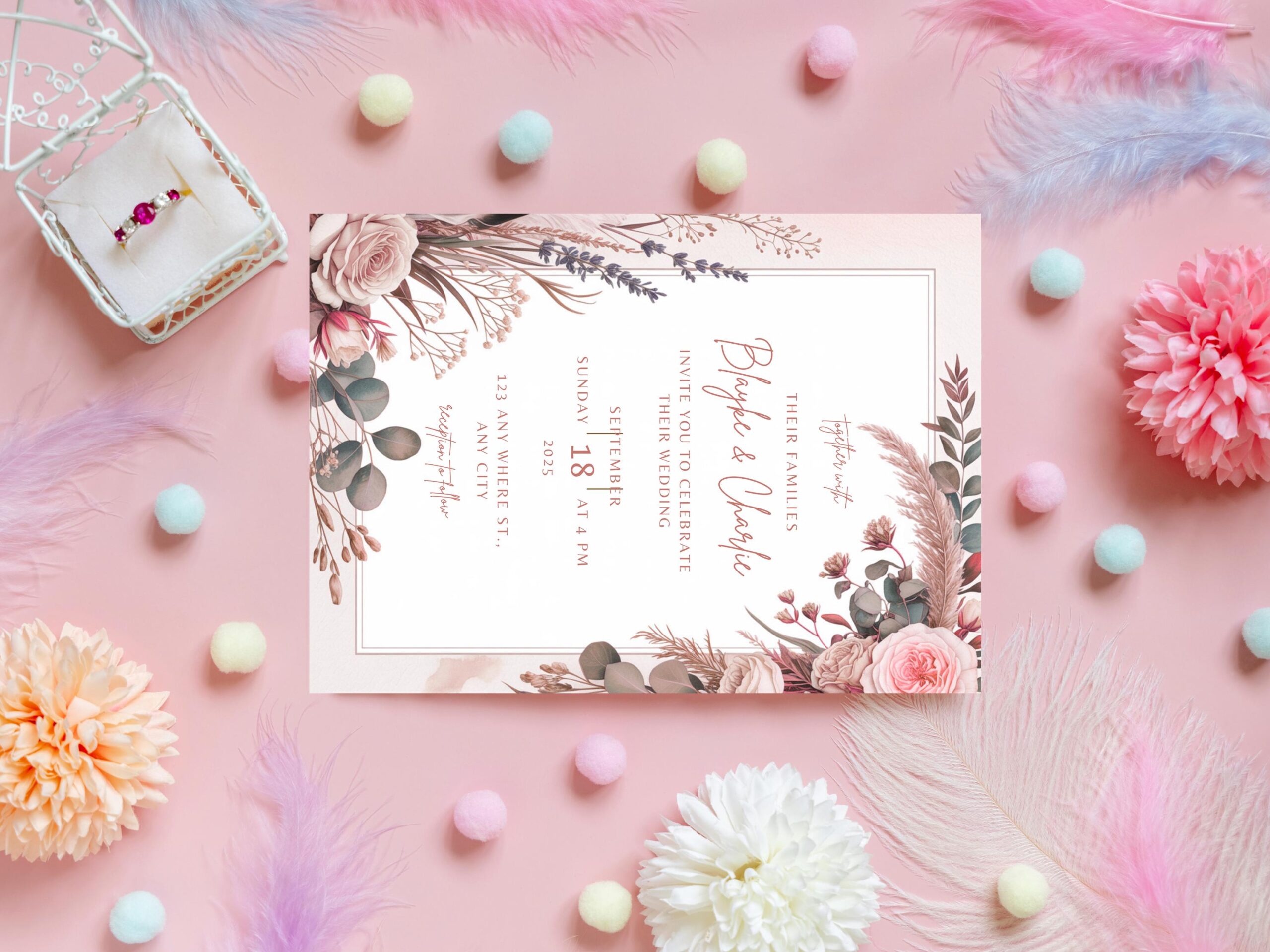Boho Cream Floral Wedding Invitation Template – Editable Canva Instant - Image 4