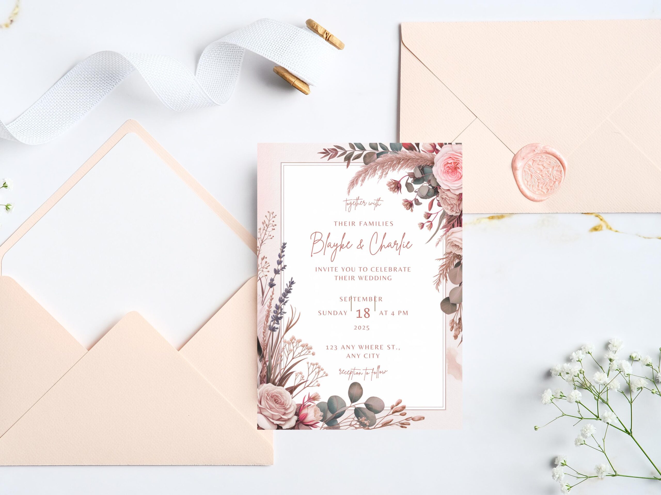 Boho Cream Floral Wedding Invitation Template – Editable Canva Instant - Image 3