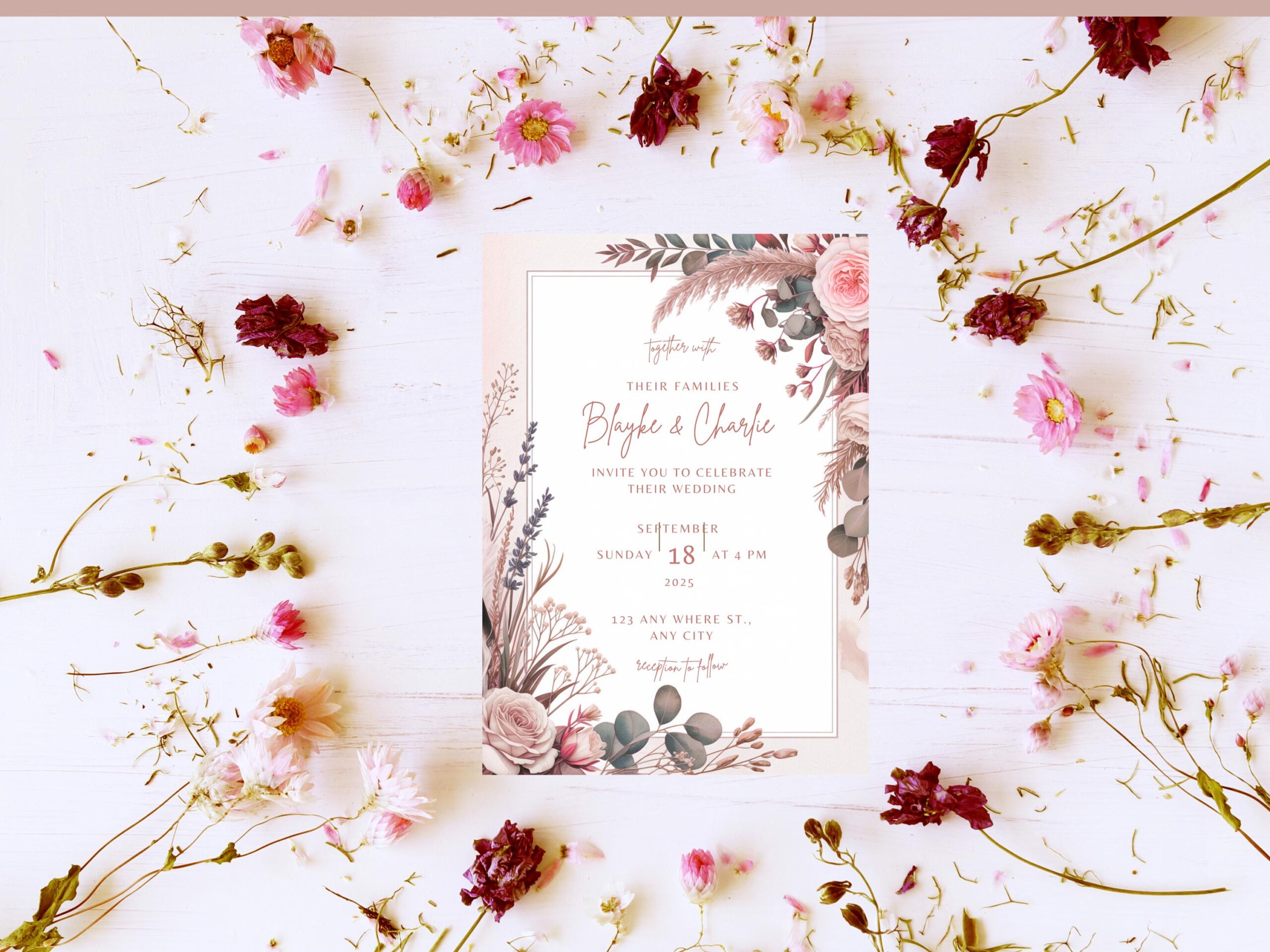 Boho Cream Floral Wedding Invitation Template – Editable Canva Instant - Image 2