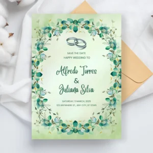 Elegant Green Wedding Invitation Template | Botanical Save The Date | Editable Canva & Word | Nature-Inspired Printable Download