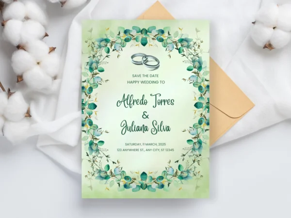 Elegant Green Wedding Invitation Template | Botanical Save The Date | Editable Canva & Word | Nature-Inspired Printable Download
