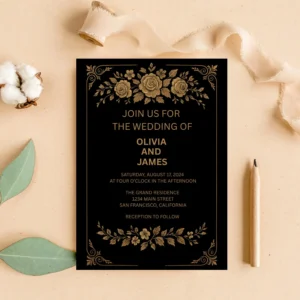 Black and Gold Floral Wedding Invitation Template: Elegant 5x7 Card (Digital Download