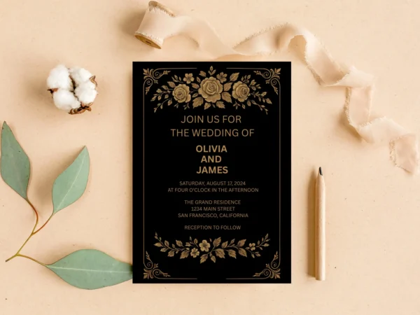 Black and Gold Floral Wedding Invitation Template: Elegant 5x7 Card (Digital Download