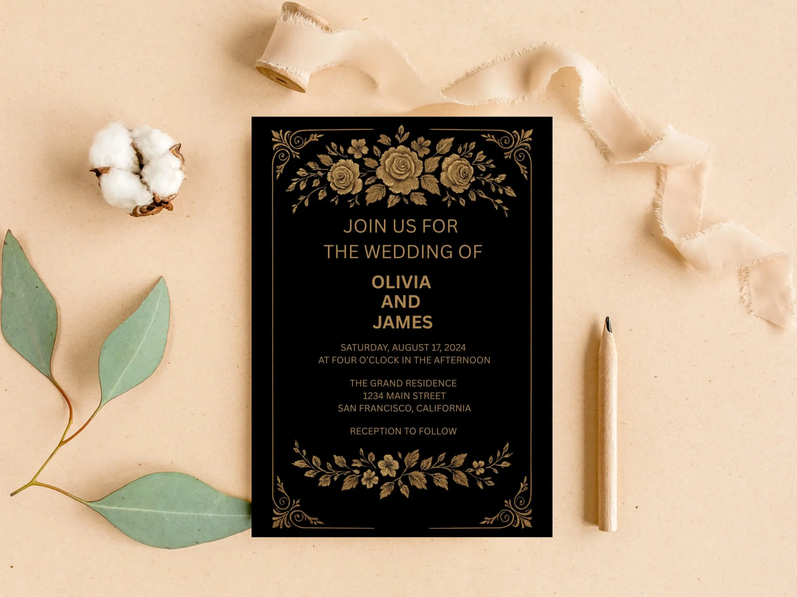 Black and Gold Floral Wedding Invitation Template: Elegant 5x7 Card (Digital Download