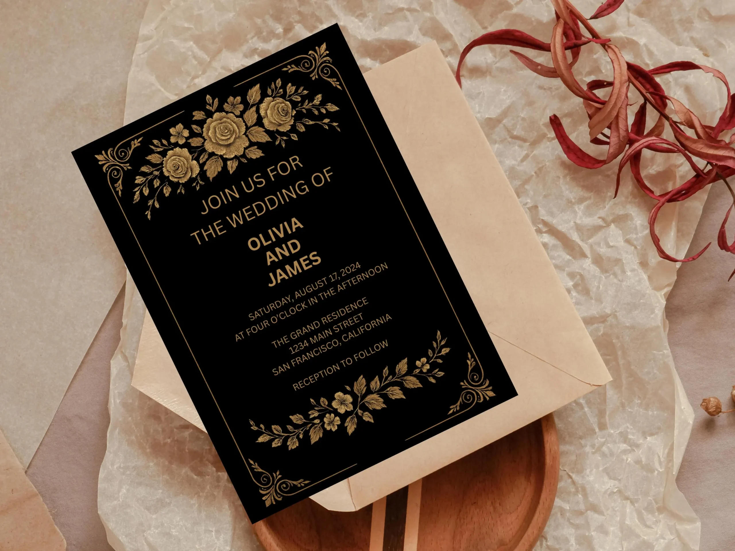Black and Gold Floral Wedding Invitation Template: Elegant 5x7 Card (Digital Download - Image 2