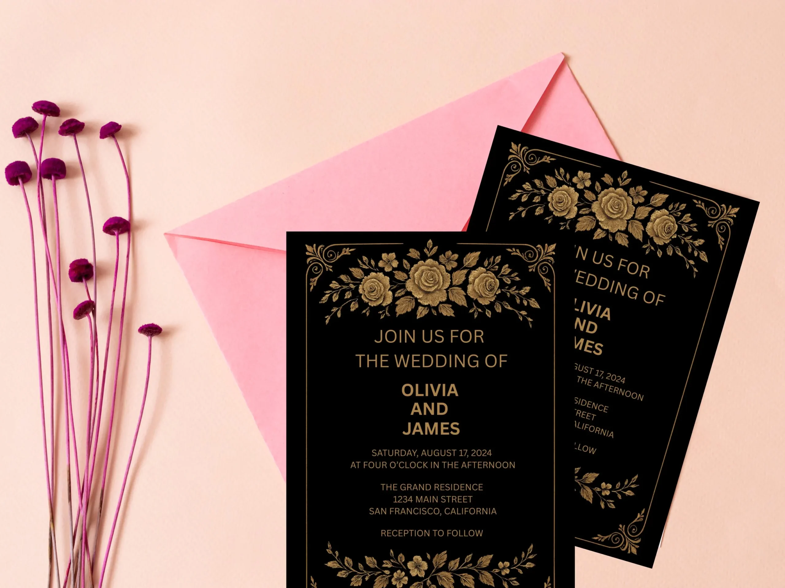 Black and Gold Floral Wedding Invitation Template: Elegant 5x7 Card (Digital Download - Image 4
