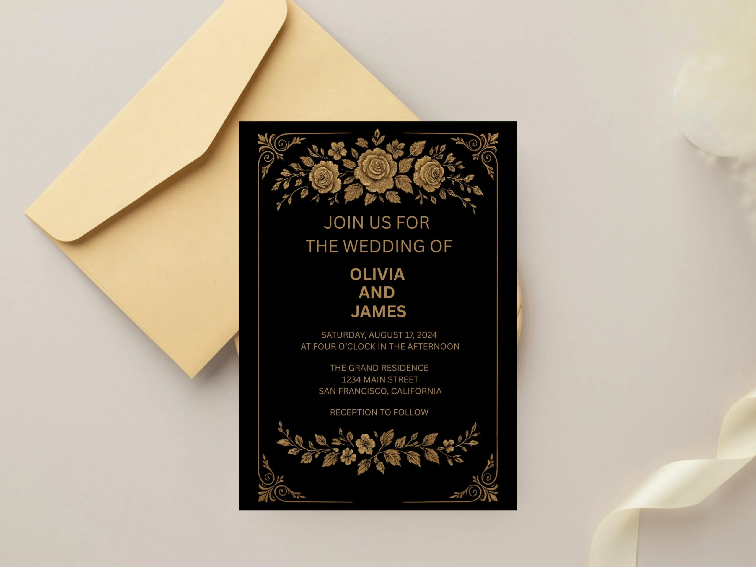 Black and Gold Floral Wedding Invitation Template: Elegant 5x7 Card (Digital Download - Image 3