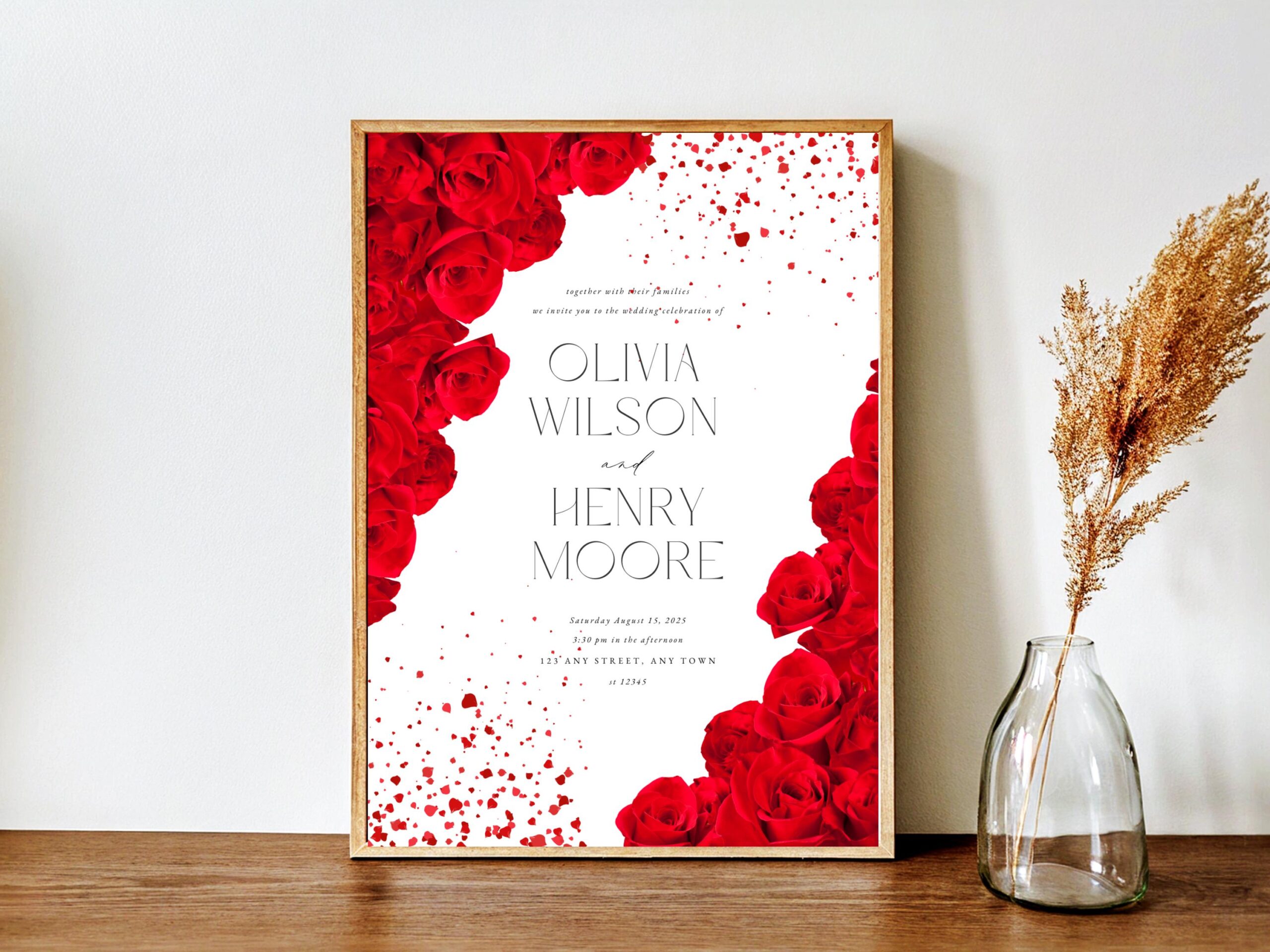 Red Roses Wedding Invitation Template, Elegant Floral Invite, Printable Canva Invitation Template, Romantic Wedding