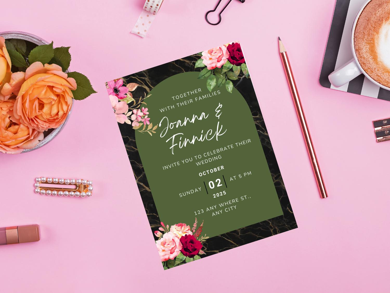 Floral Wedding Invitation Template: Green and Rose, Printable Canva Card - Image 6