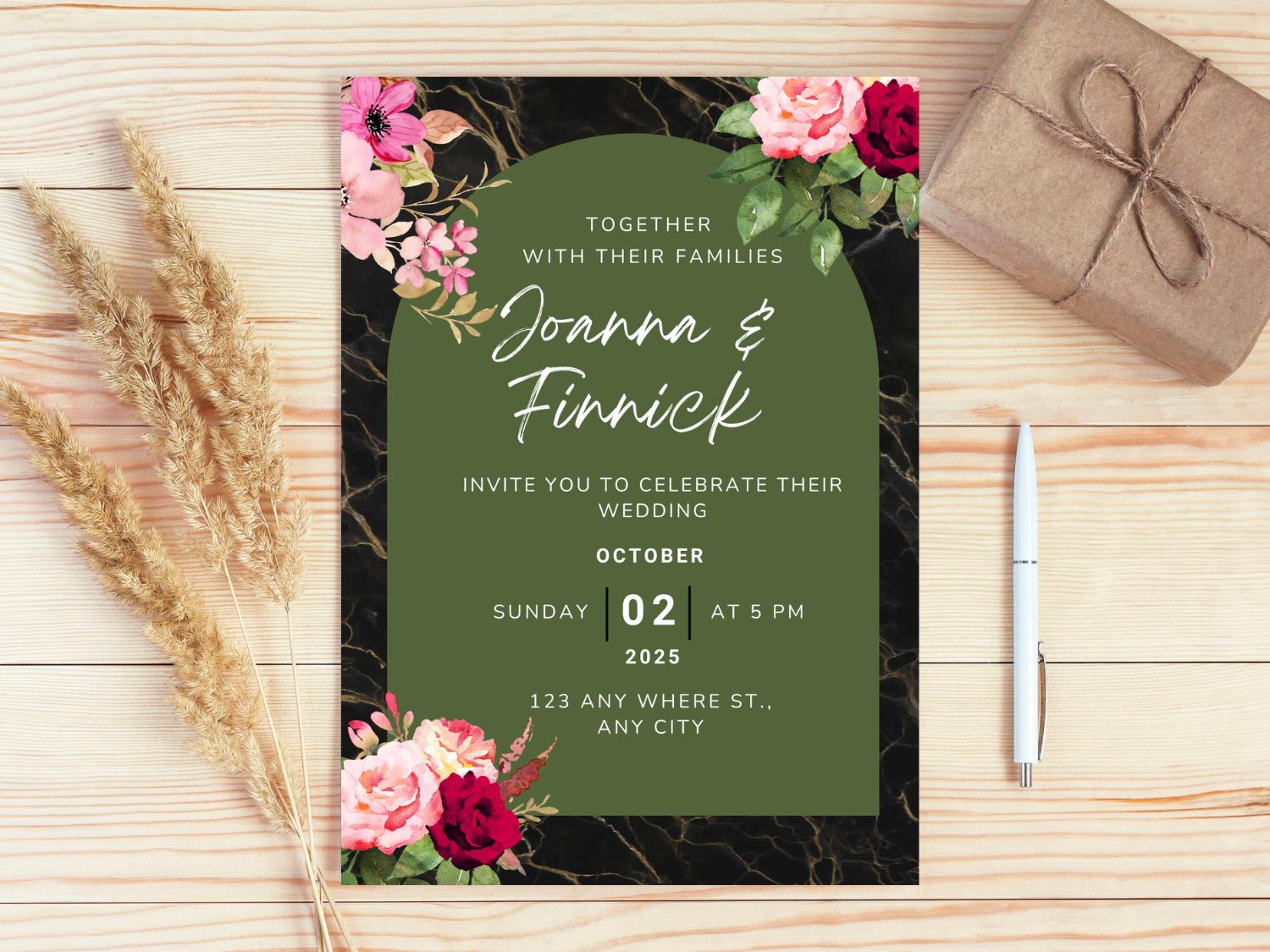 Floral Wedding Invitation Template: Green and Rose, Printable Canva Card