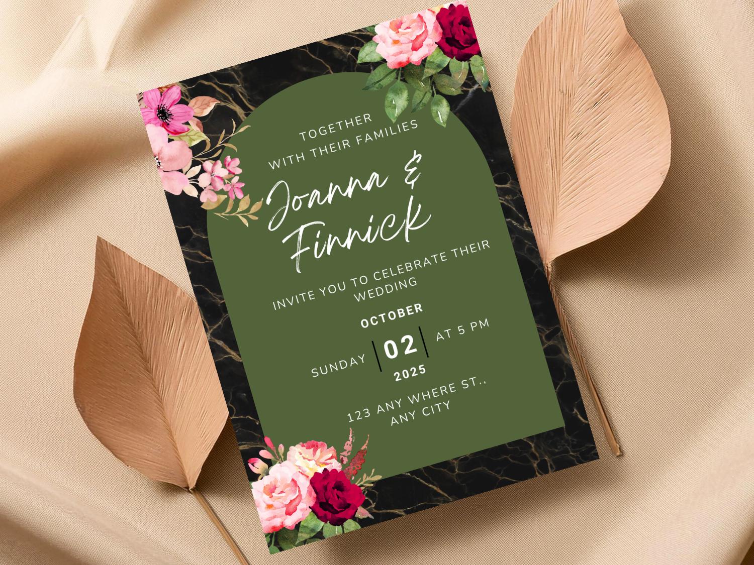 Floral Wedding Invitation Template: Green and Rose, Printable Canva Card - Image 3