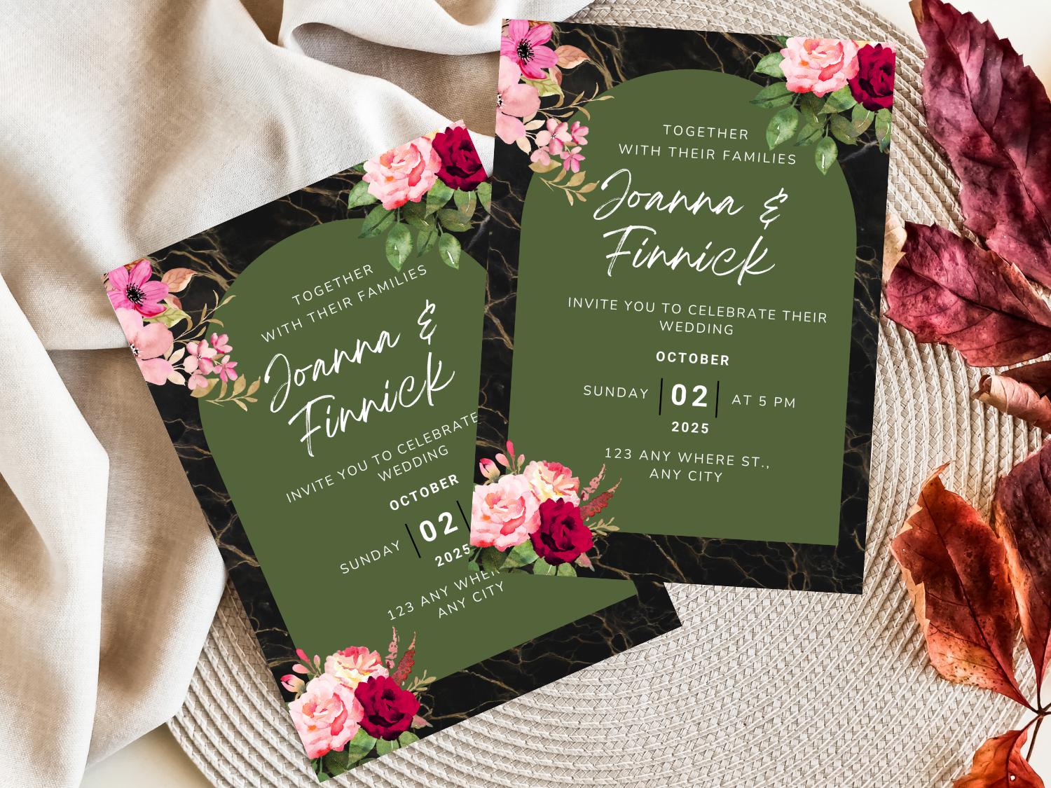 Floral Wedding Invitation Template: Green and Rose, Printable Canva Card - Image 2