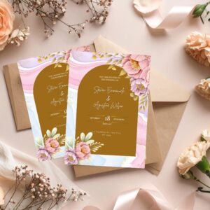 Floral Wedding Invitation Template: Pink & Gold Arch Design (Editable Canva Template)