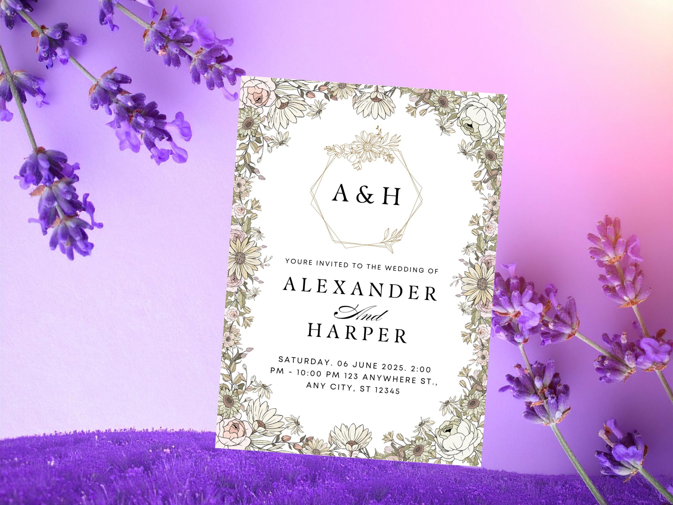 Floral Wedding Invitation Template: Editable Rose & Daisy Design (Digital Download)