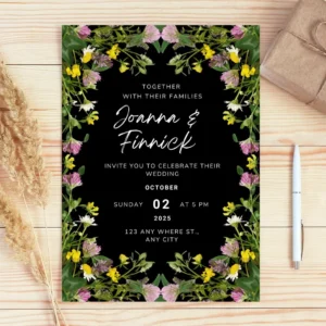 Wildflower Wedding Invitation Template | Black Floral Invite (Editable Canva)