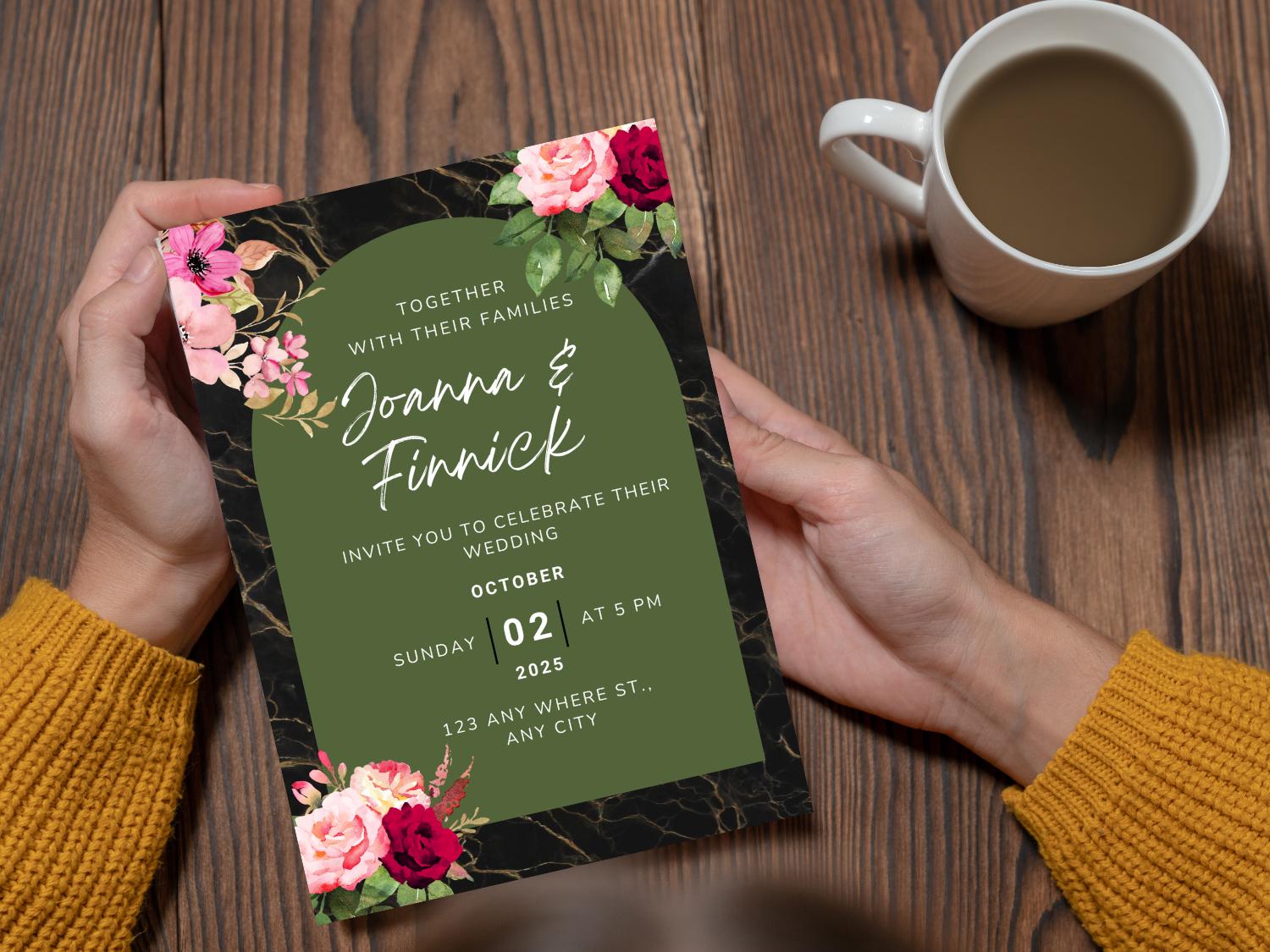 Floral Wedding Invitation Template: Green and Rose, Printable Canva Card - Image 4